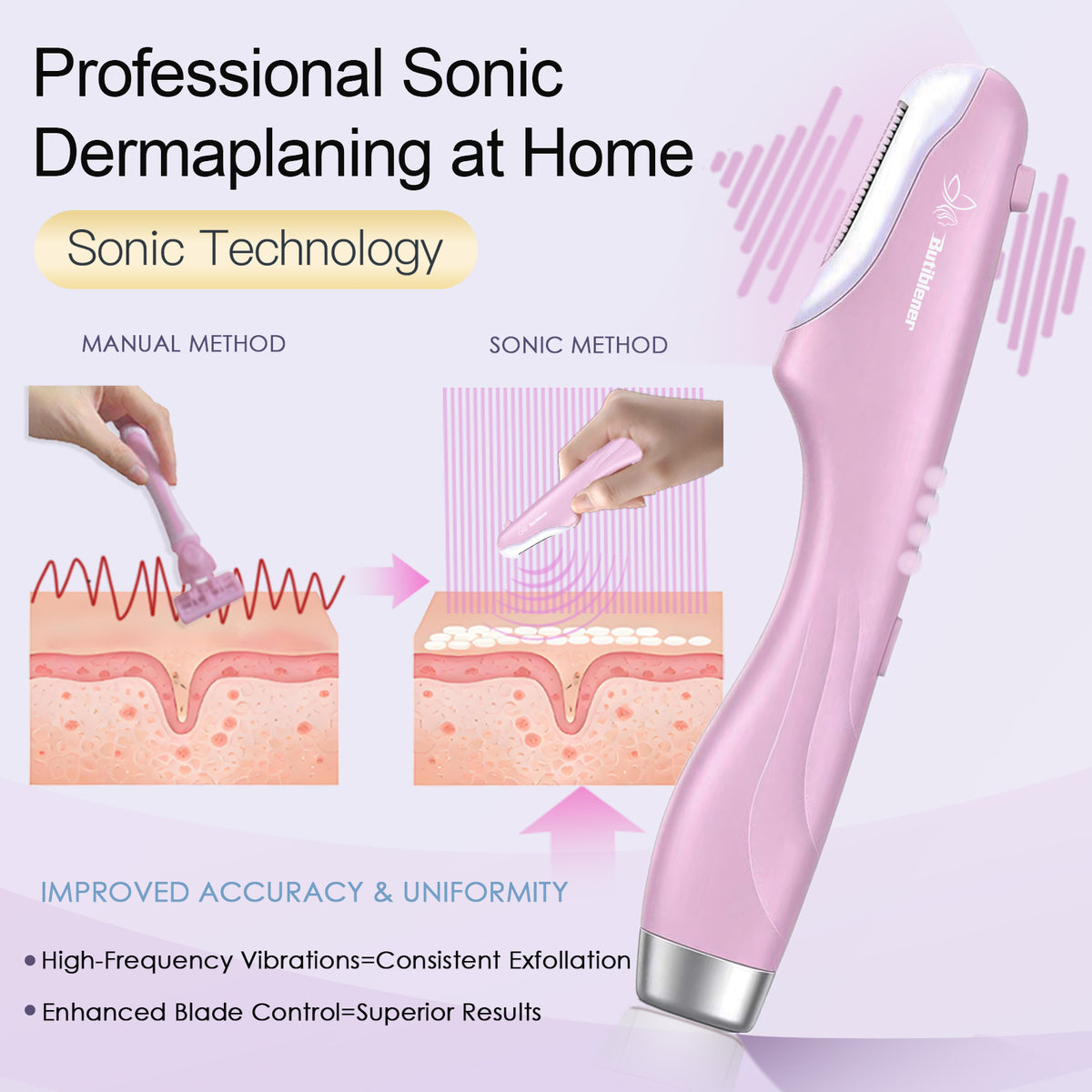 Sonic Precision Dermaplaning Tool & Brow Trimmer with LED Light — 3 Speeds