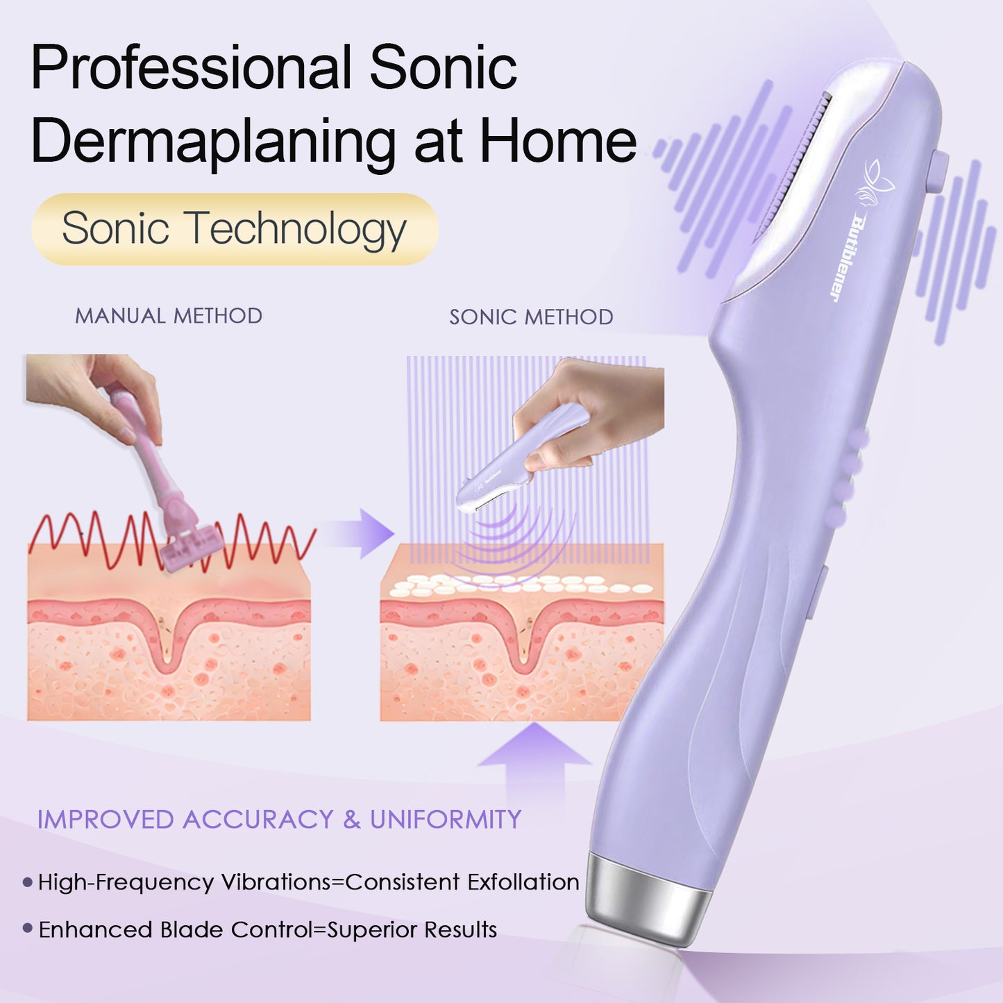 2-in-1 Sonic Dermaplane & Eyebrow Shaper — Facial Exfoliator & Peach Fuzz Remover (Lilac Purple)