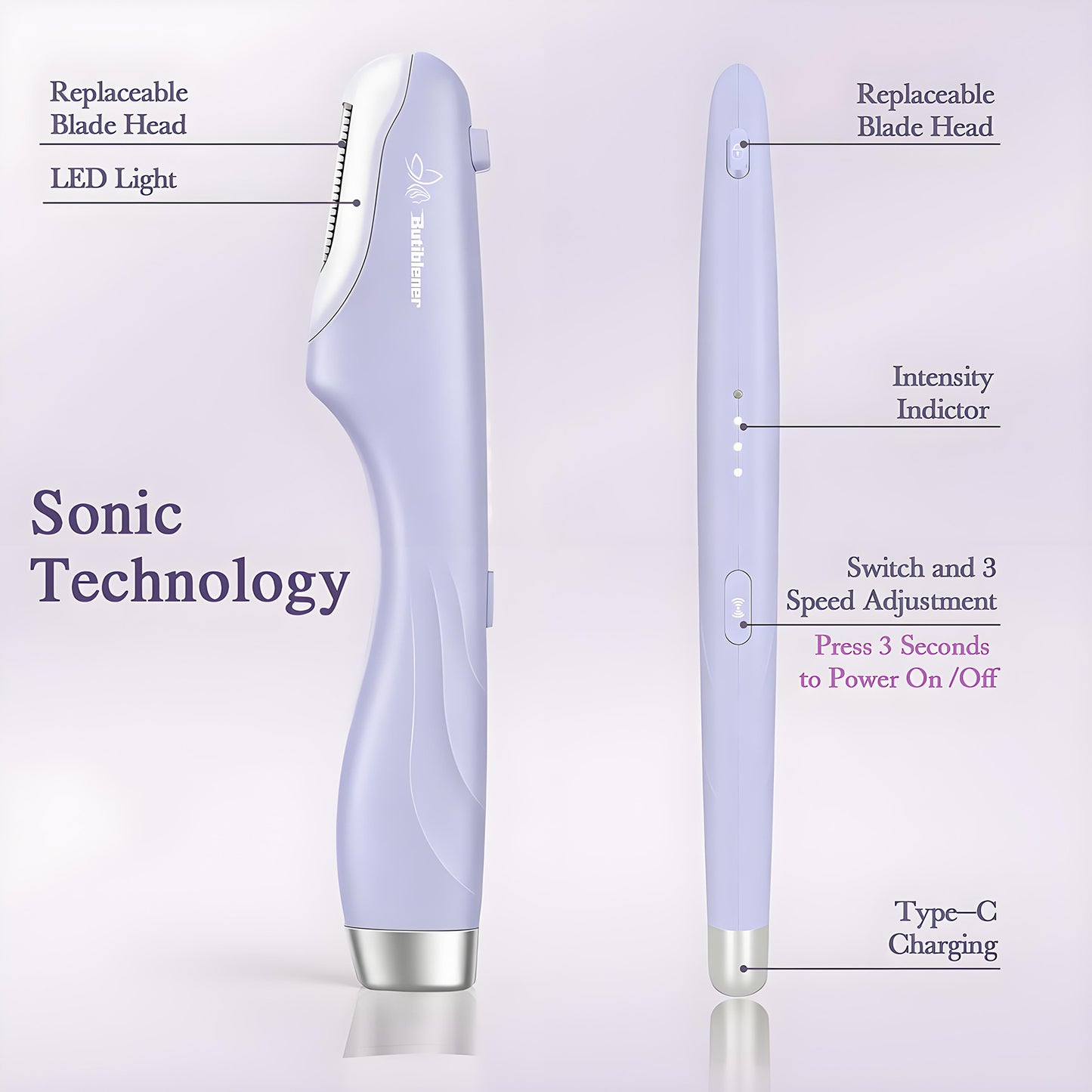 2-in-1 Sonic Dermaplane & Eyebrow Shaper — Facial Exfoliator & Peach Fuzz Remover (Lilac Purple)